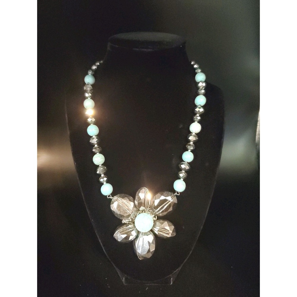 Yousi / You And I Dyed Stone And Glass Beaded Necklace W/ Floral Wired Pendant